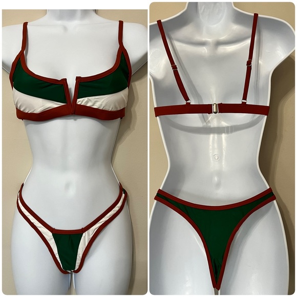 Sporty Green White Colorblock Brazilian Bikini Set - Picture 2 of 10